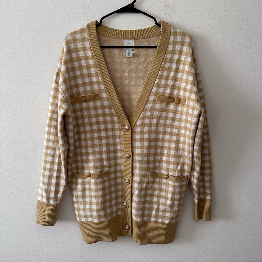 Joie yellow gingham button down cardigan sweater Womens size small